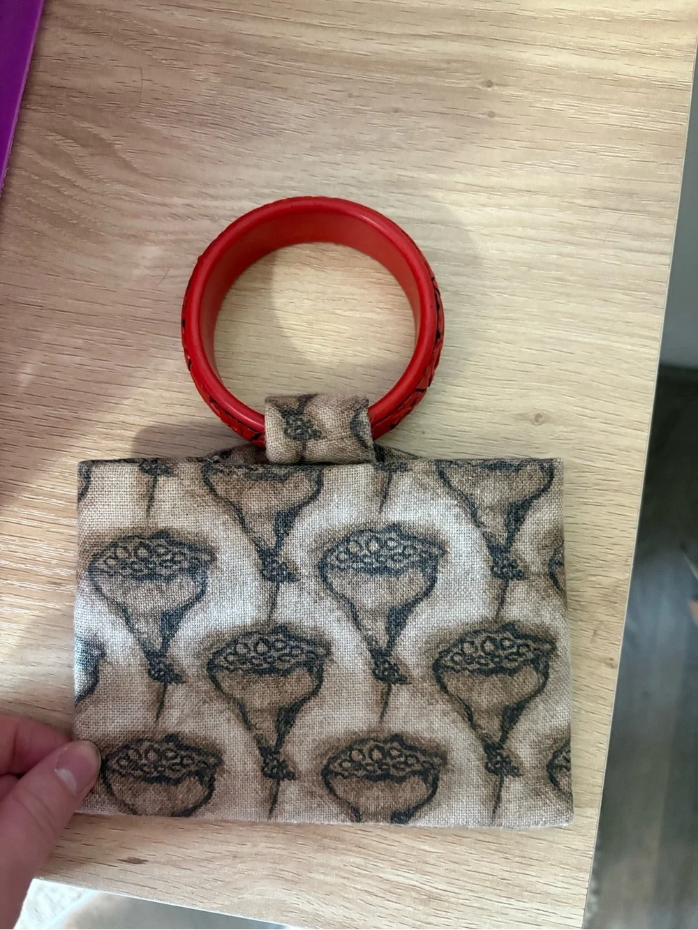 Women's Beige Patterned Wristlet Bag with Red Handle